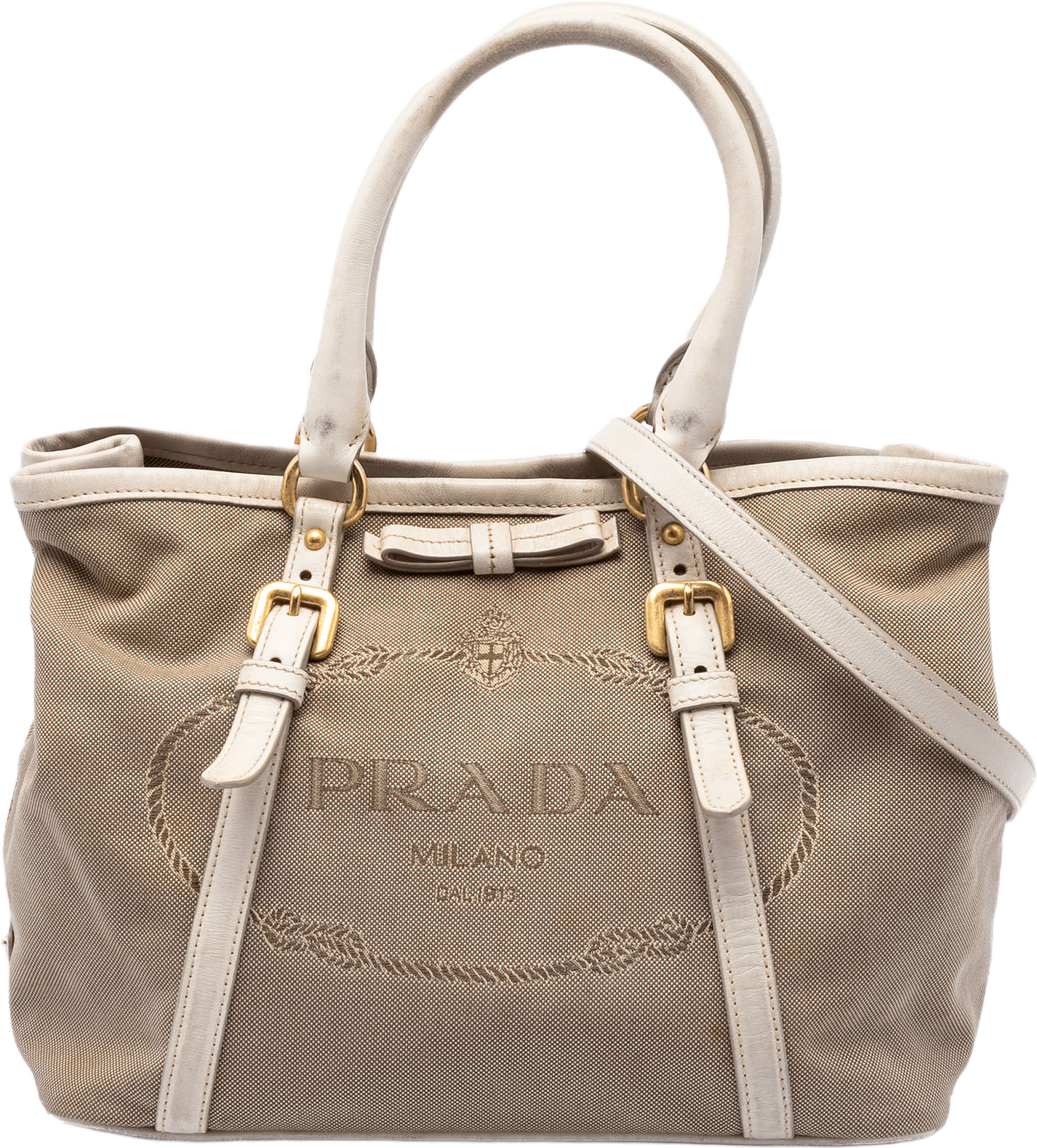 Prada Canvas Canapa Logo Bow Satchel, från Luxclusif, i färgen beige.