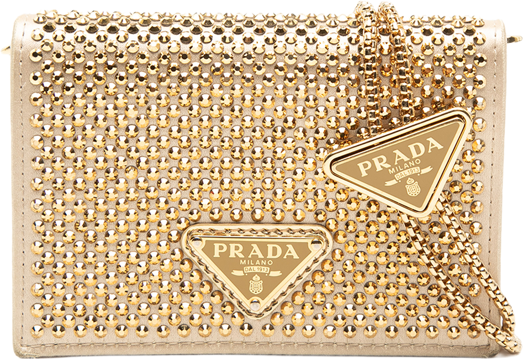 Prada Crystal Embellished Satin Card Holder With Chain, från Luxclusif, i färgen gold.