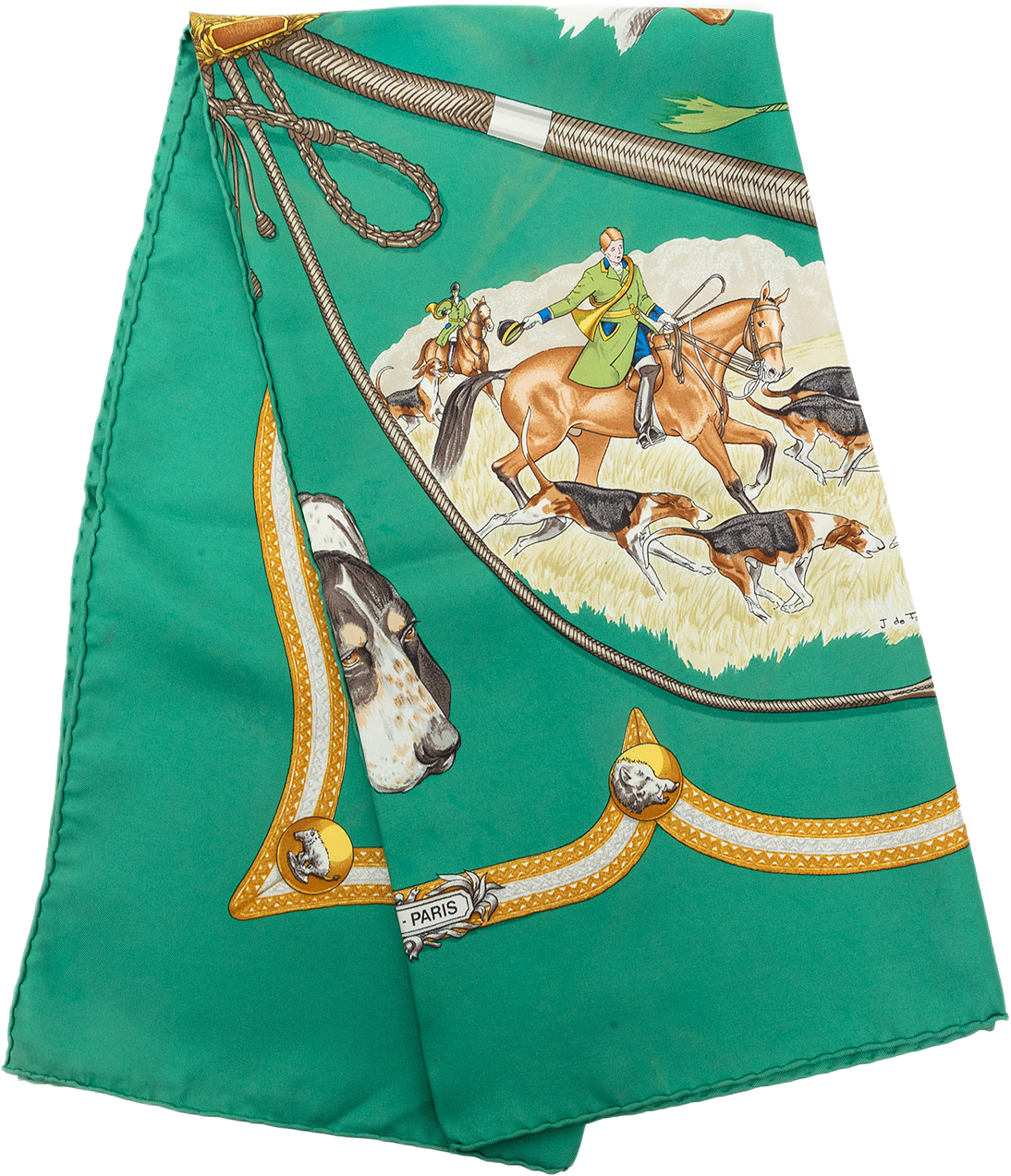 Hermès Le Laisser Courre Silk Scarf 90, från Luxclusif, i färgen grön.
