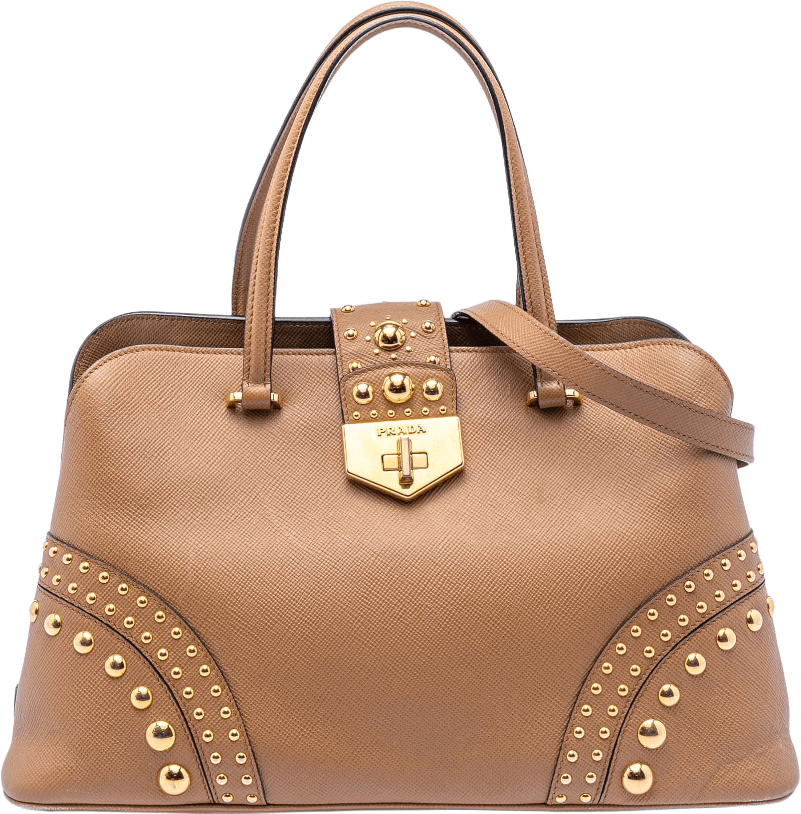 Prada Studded Saffiano Cuir Promenade Satchel, från Luxclusif, i färgen light brown.