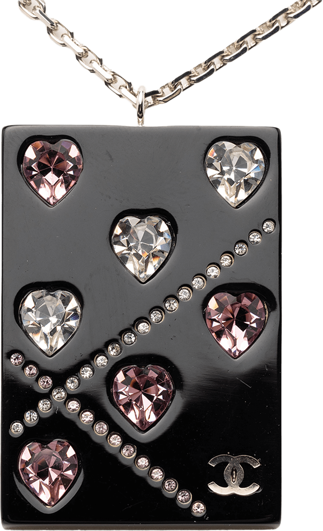 Chanel Resin Rhinestone Hearts Pendant Necklace, från Luxclusif, i färgen black.