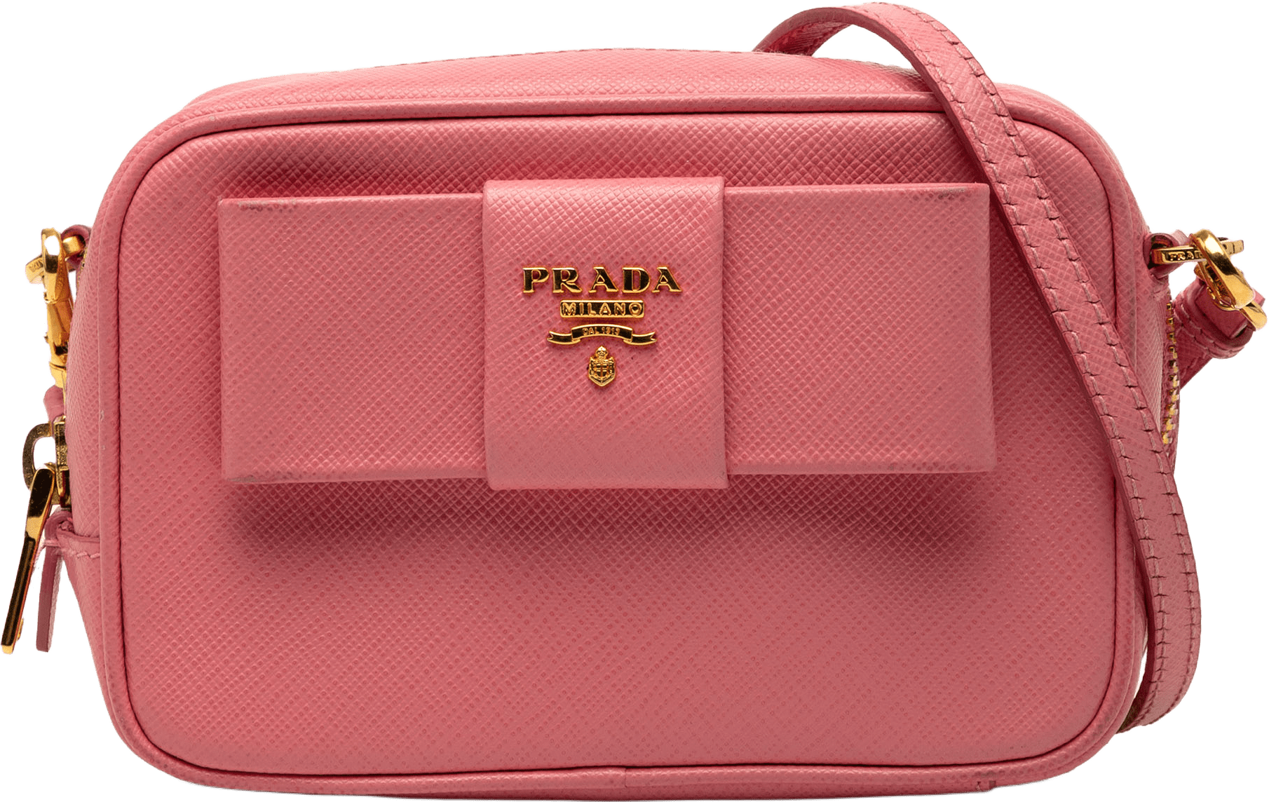 Prada Saffiano Fiocco Bow Camera Bag, från Luxclusif, i färgen pink.