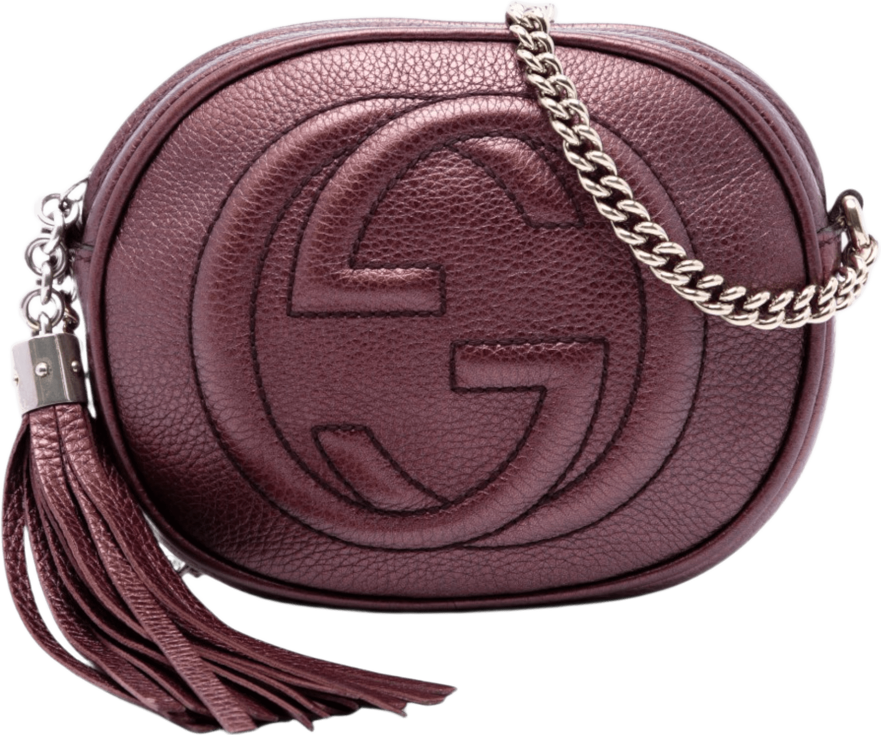Gucci Mini Metallic Pebbled Calfskin Soho Chain Crossbody, från Luxclusif, i färgen purpur.