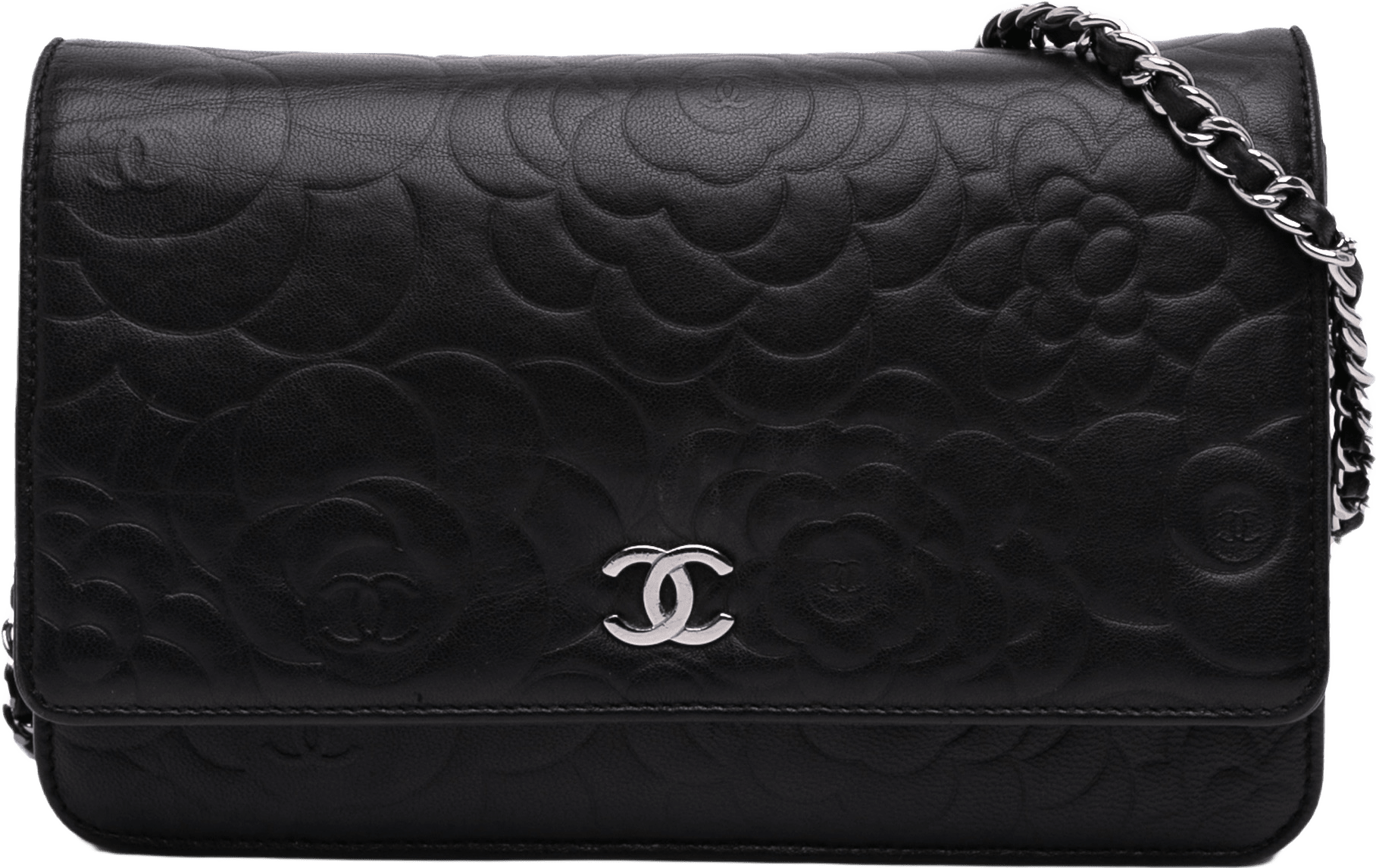 Chanel Lambskin Camellia Embossed Wallet On Chain