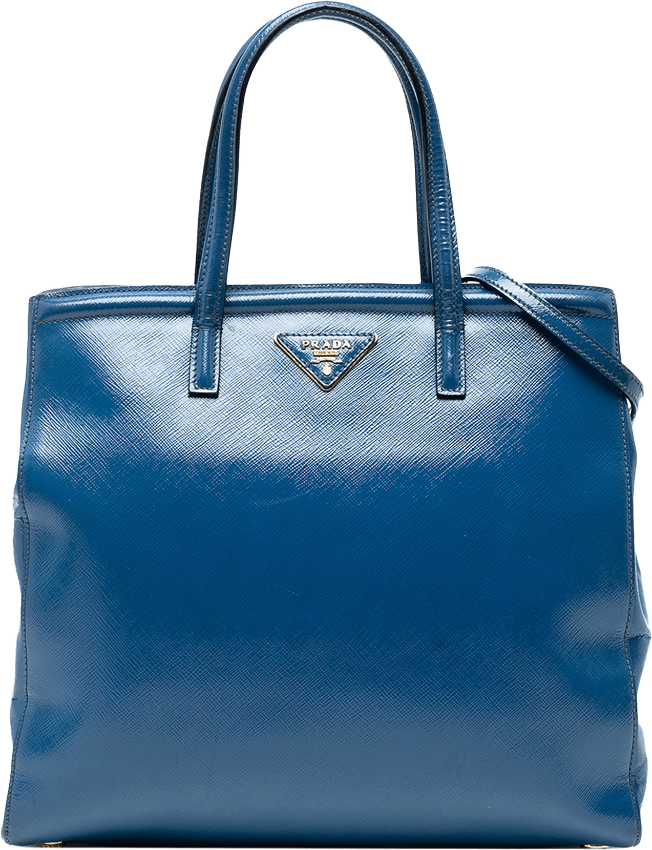 Prada Saffiano Vernice Satchel, från Luxclusif, i färgen blue.