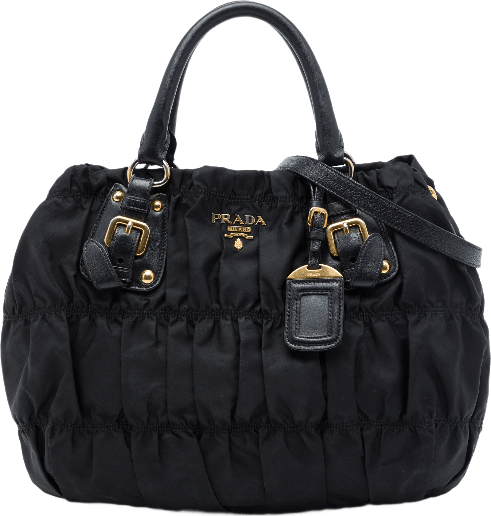 Prada Tessuto Gaufre Satchel, från Luxclusif, i färgen svart.