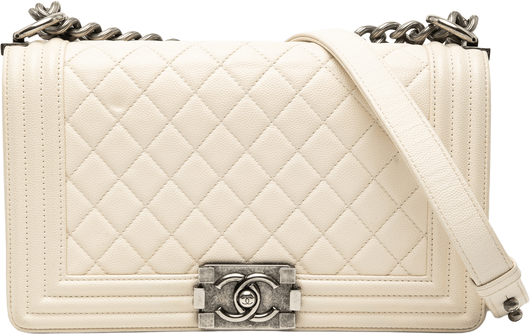 Chanel Old Medium Quilted Caviar Boy Flap, från Luxclusif, i färgen ivory.