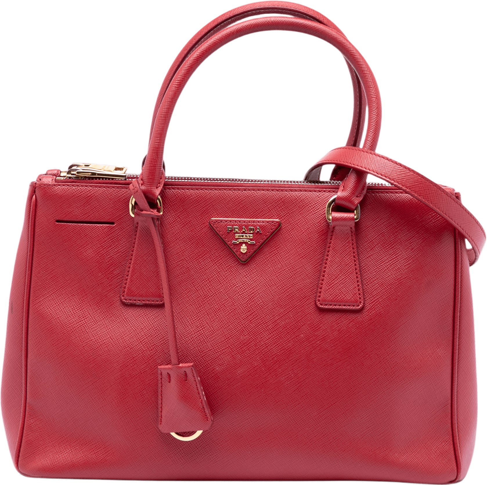 Prada Small Saffiano Lux Galleria Double Zip Satchel, från Luxclusif, i färgen red.