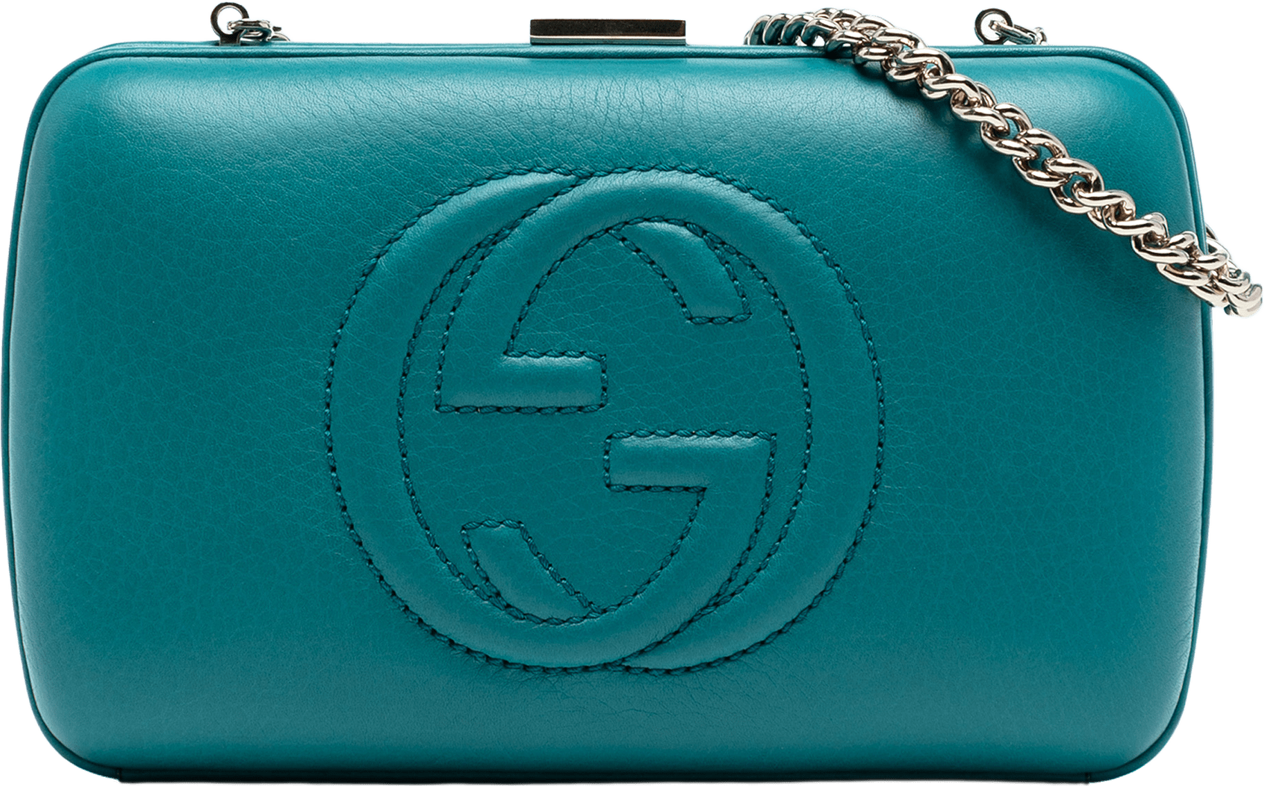 Gucci Leather Soho Clutch On Chain, från Luxclusif, i färgen turquoise.