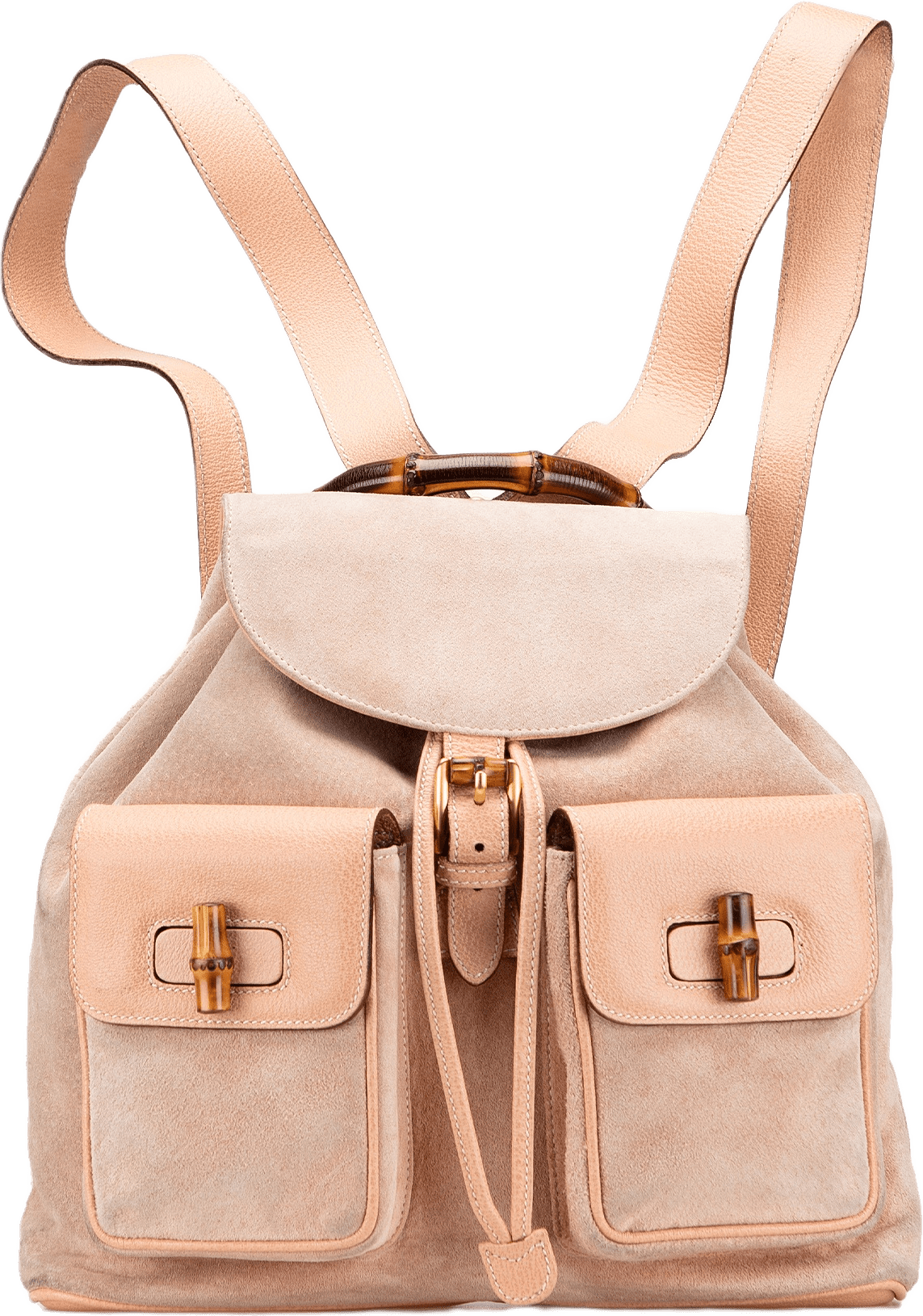 Gucci Suede Bamboo Backpack, från Luxclusif, i färgen beige.