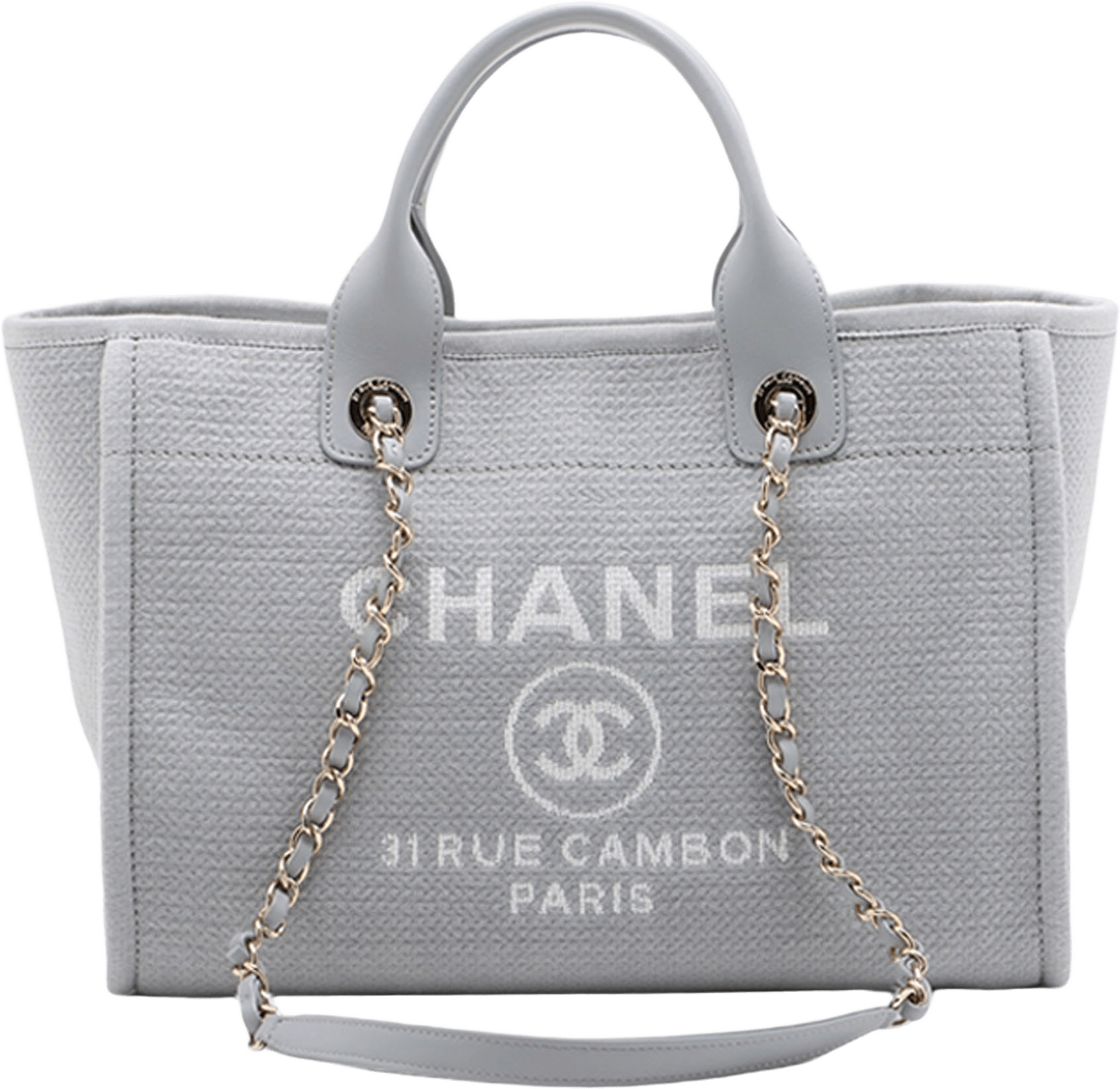 Chanel Small Canvas Deauville Tote, från Luxclusif, i färgen light gray.