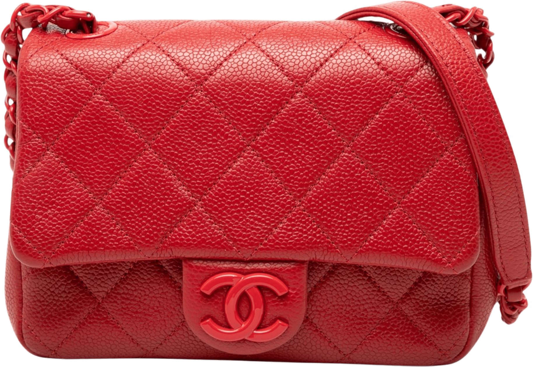 Chanel Mini Square Caviar Incognito Flap, från Luxclusif, i färgen red.