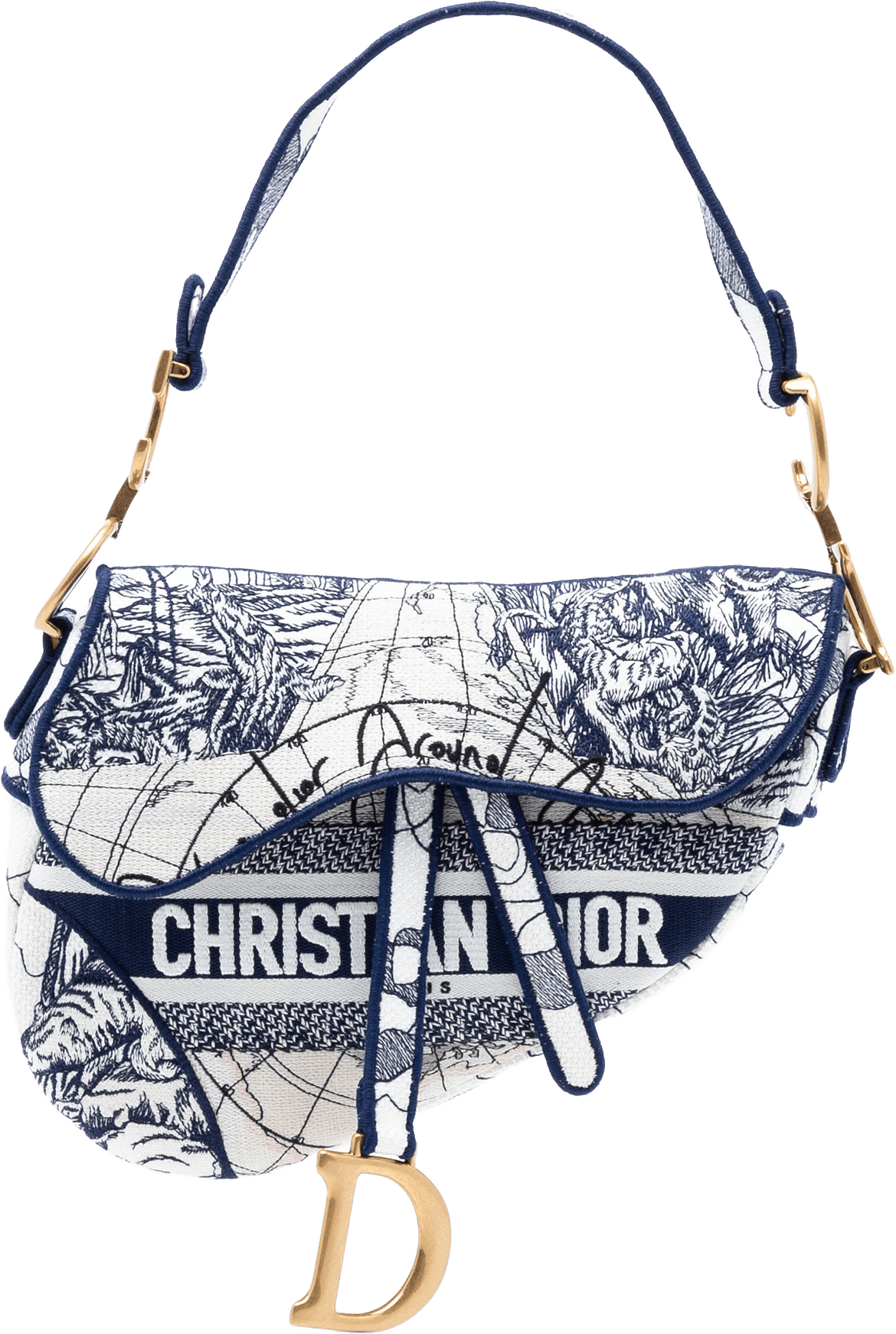 Dior Canvas Embroidered Around The World Saddle Bag, från Luxclusif, i färgen navy.