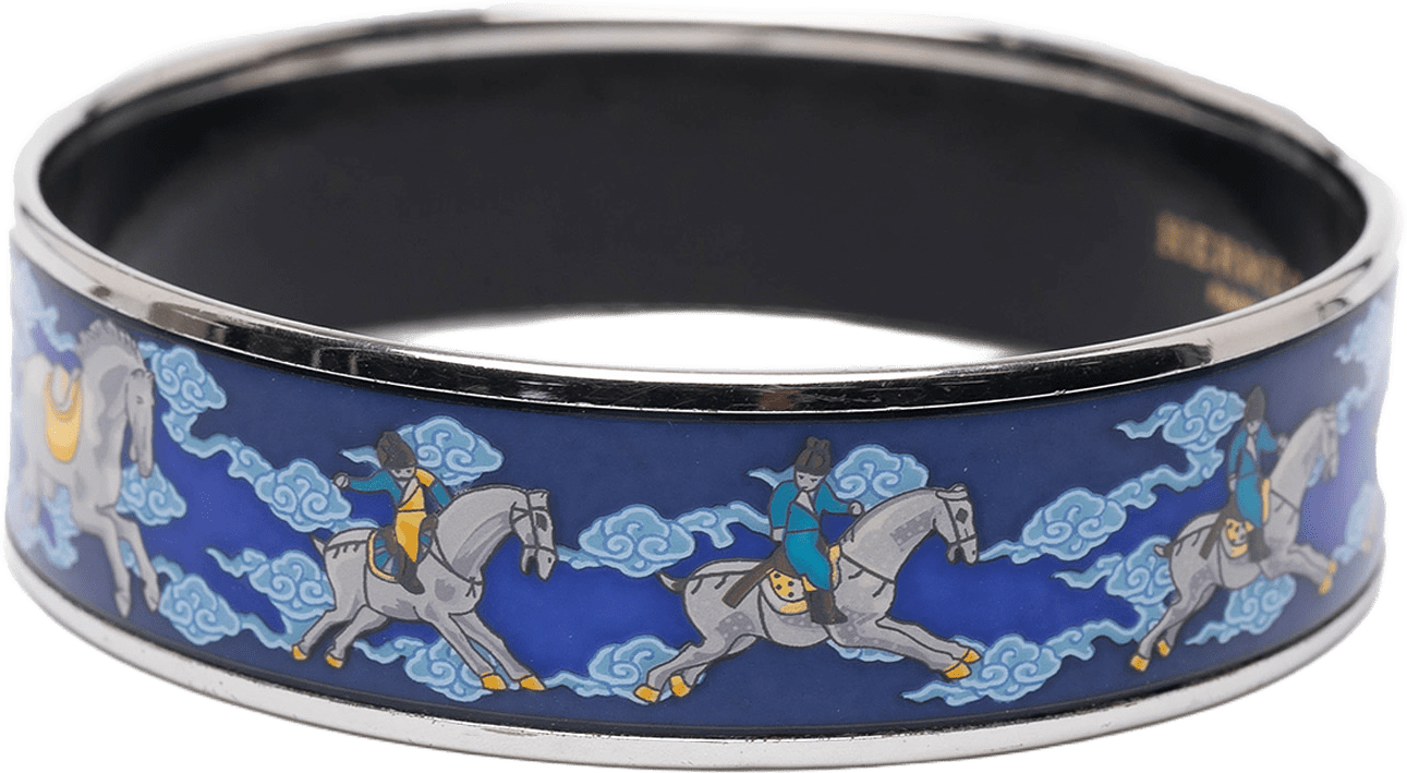 Hermès Wide Enamel Horse Riding Motif Bangle, från Luxclusif, i färgen blue.