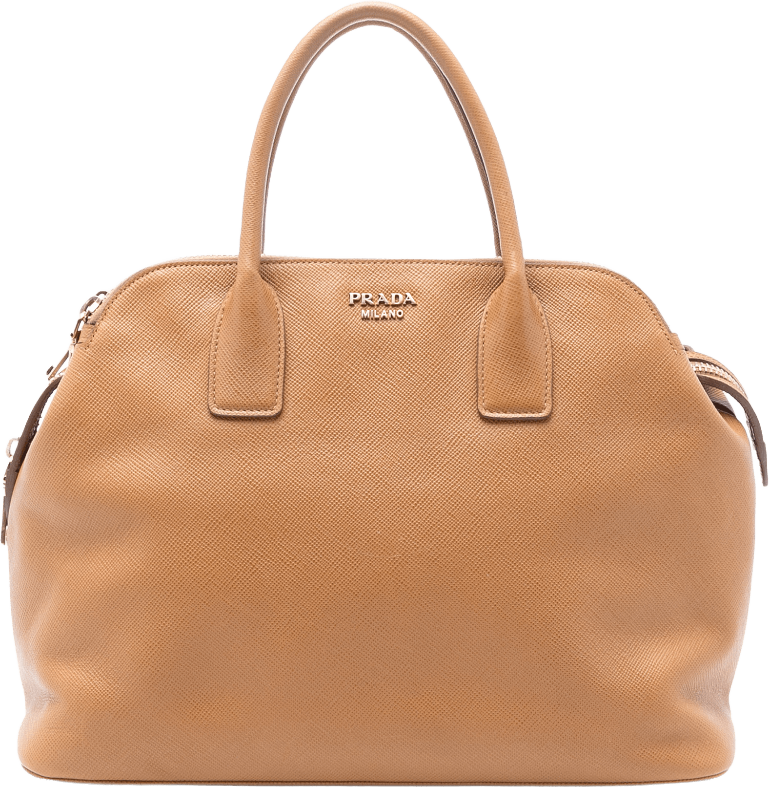 Prada Saffiano Cuir Triple Zip Dome Top Handle Bag, från Luxclusif, i färgen caramel.