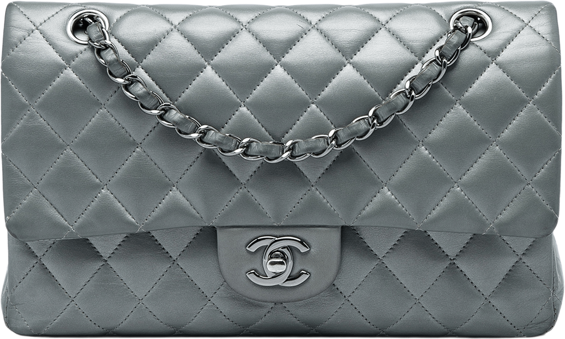 Chanel Medium Classic Lambskin Double Flap, från Luxclusif, i färgen silver.