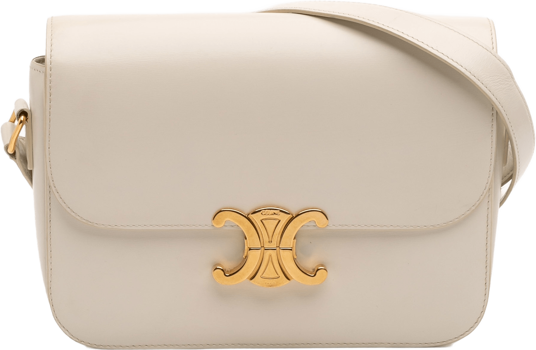 Celine Classique Shiny Calfskin Triomphe Crossbody, från Luxclusif, i färgen light beige.