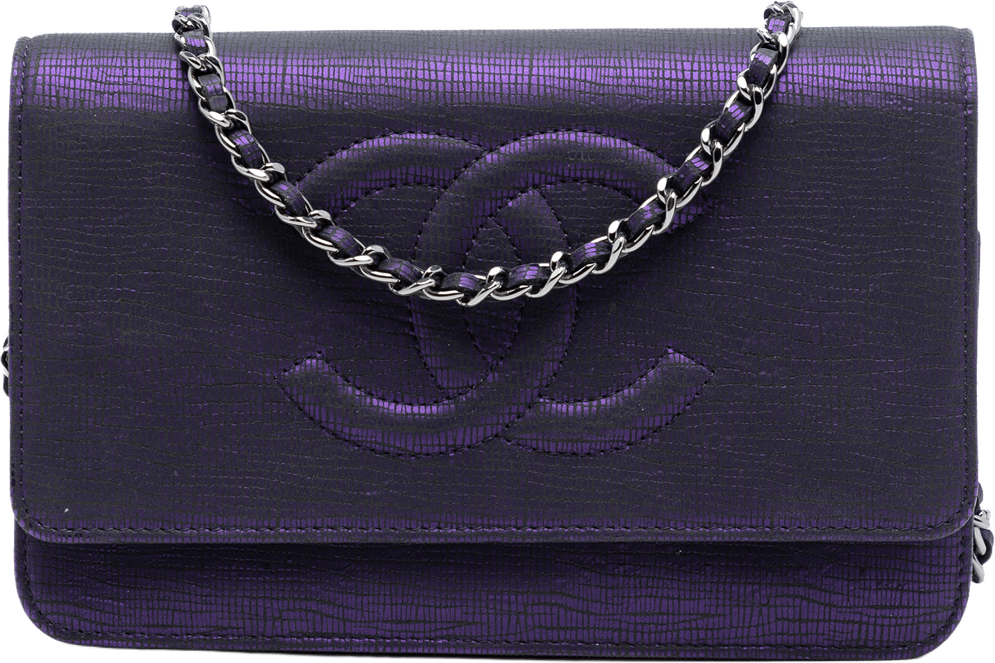Chanel Cc Metallic Crackling Lizard Printed Leather Wallet On Chain, från Luxclusif, i färgen violet.