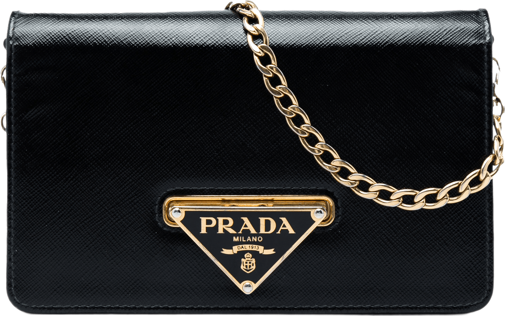Prada Saffiano Vernice Flip Lock Wallet On Chain Clutch, från Luxclusif, i färgen svart.