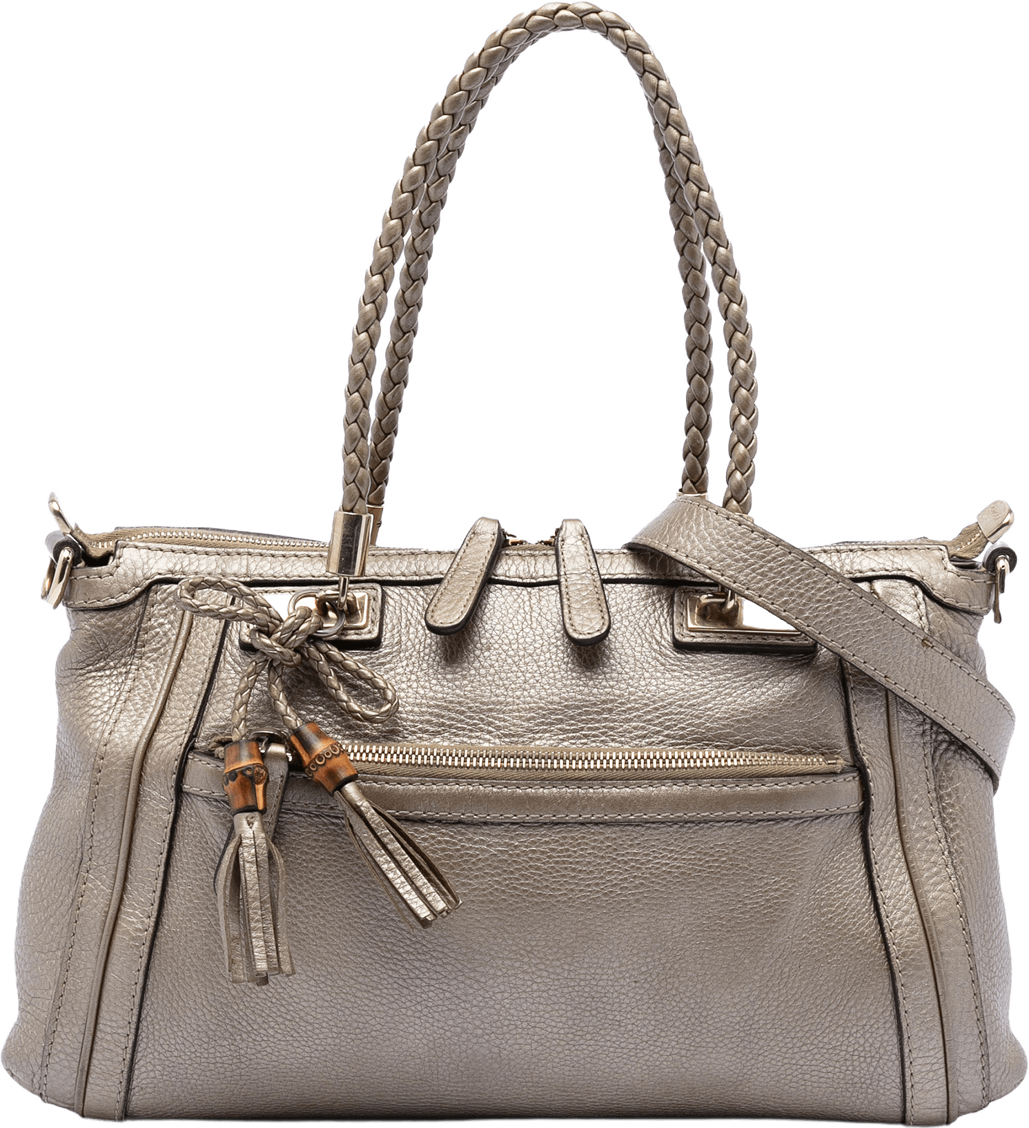 Gucci Metallic Pebbled Calfskin Bella Satchel, från Luxclusif, i färgen gold.