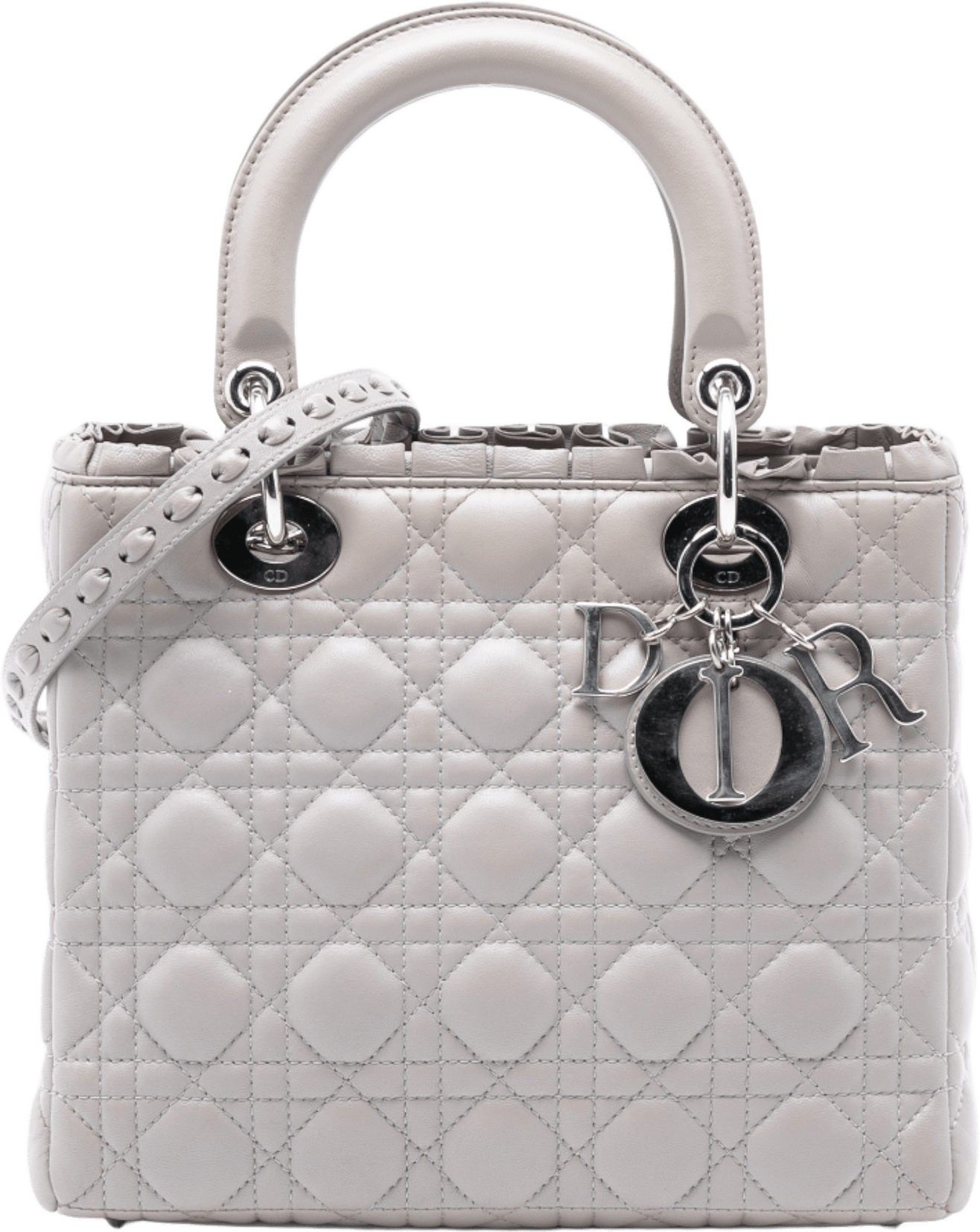 Dior Medium Lambskin Cannage Ruffle Lady Dior, från Luxclusif, i färgen light gray.