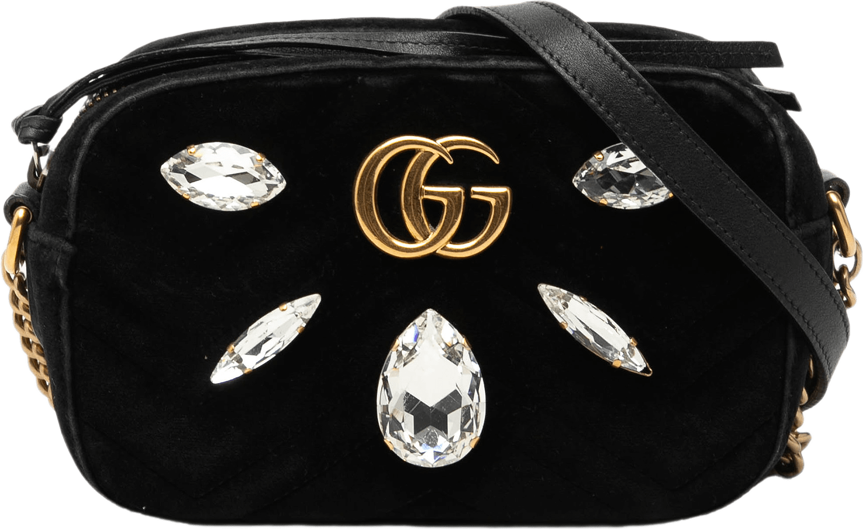 Gucci Mini Gg Marmont Crystal Embellished Matelasse Velvet Crossbody, från Luxclusif, i färgen svart.