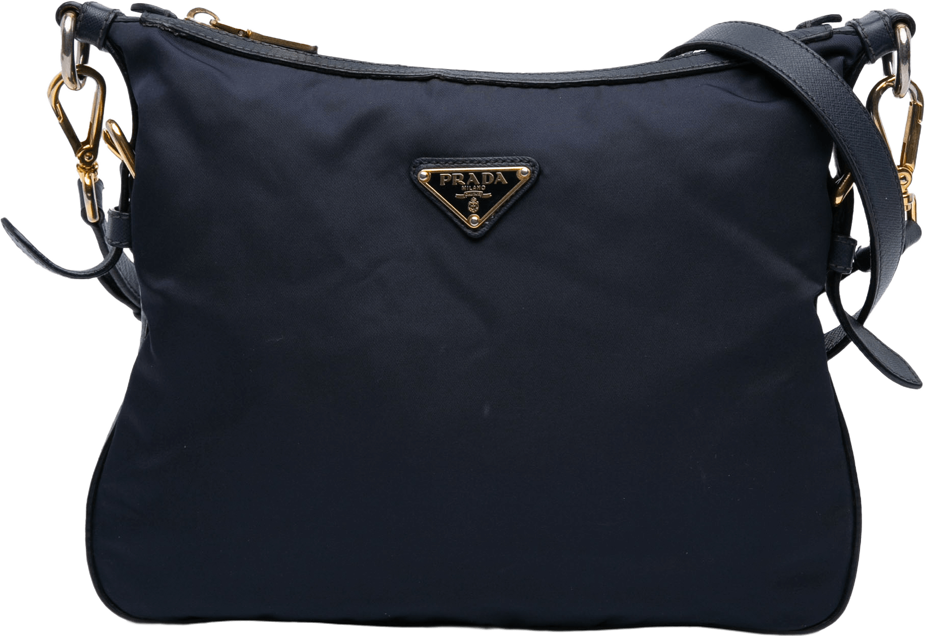 Prada Saffiano Trimmed Tessuto Zip Top Crossbody, från Luxclusif, i färgen navy.