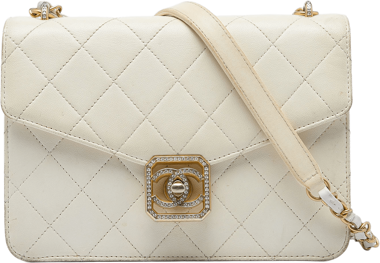 Chanel Quilted Lambskin Crystal Geometric Cc Frame Flap, från Luxclusif, i färgen vit.