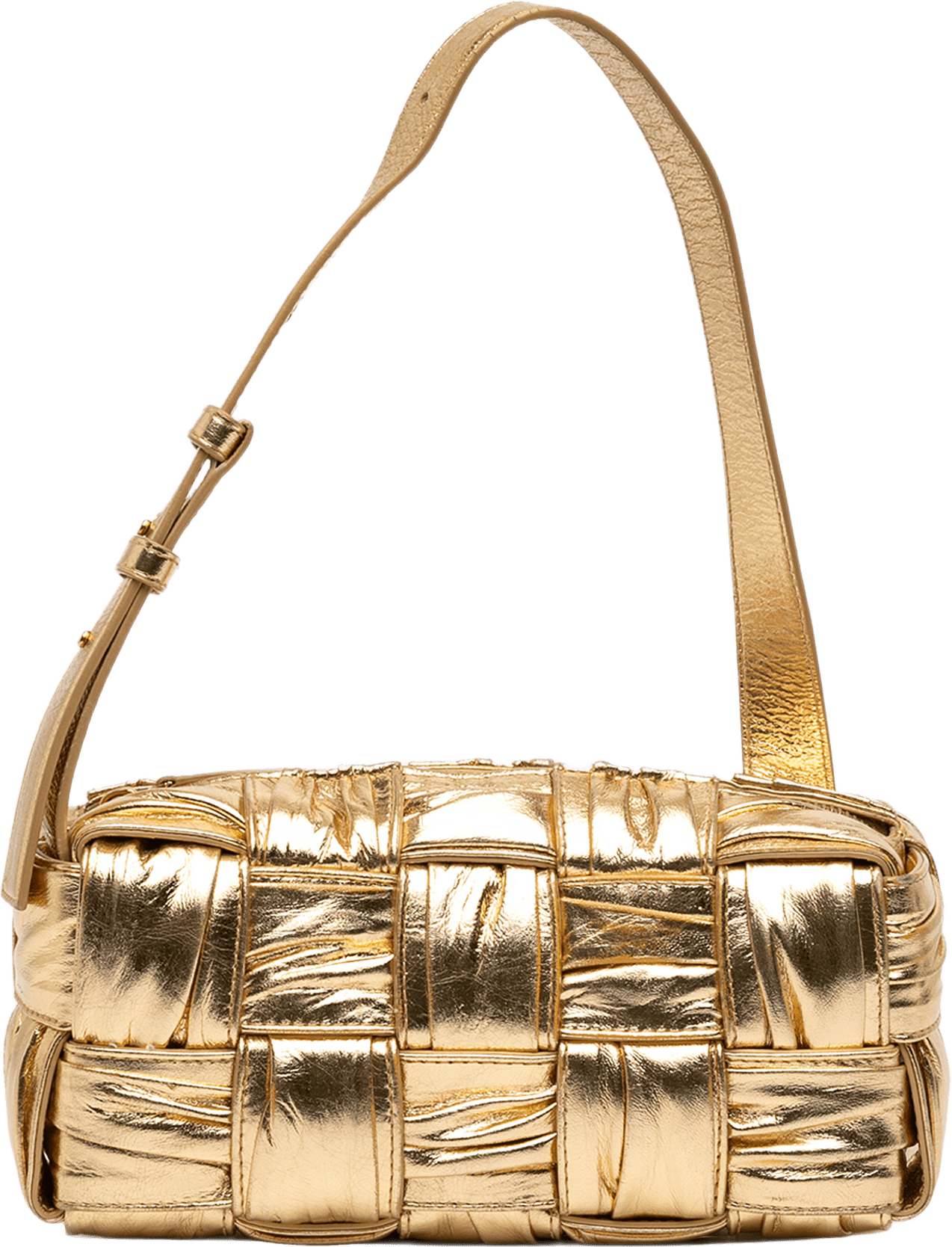 Bottega Veneta Small Metallic Lambskin Intrecciato Plisse Brick Cassette, från Luxclusif, i färgen gold.