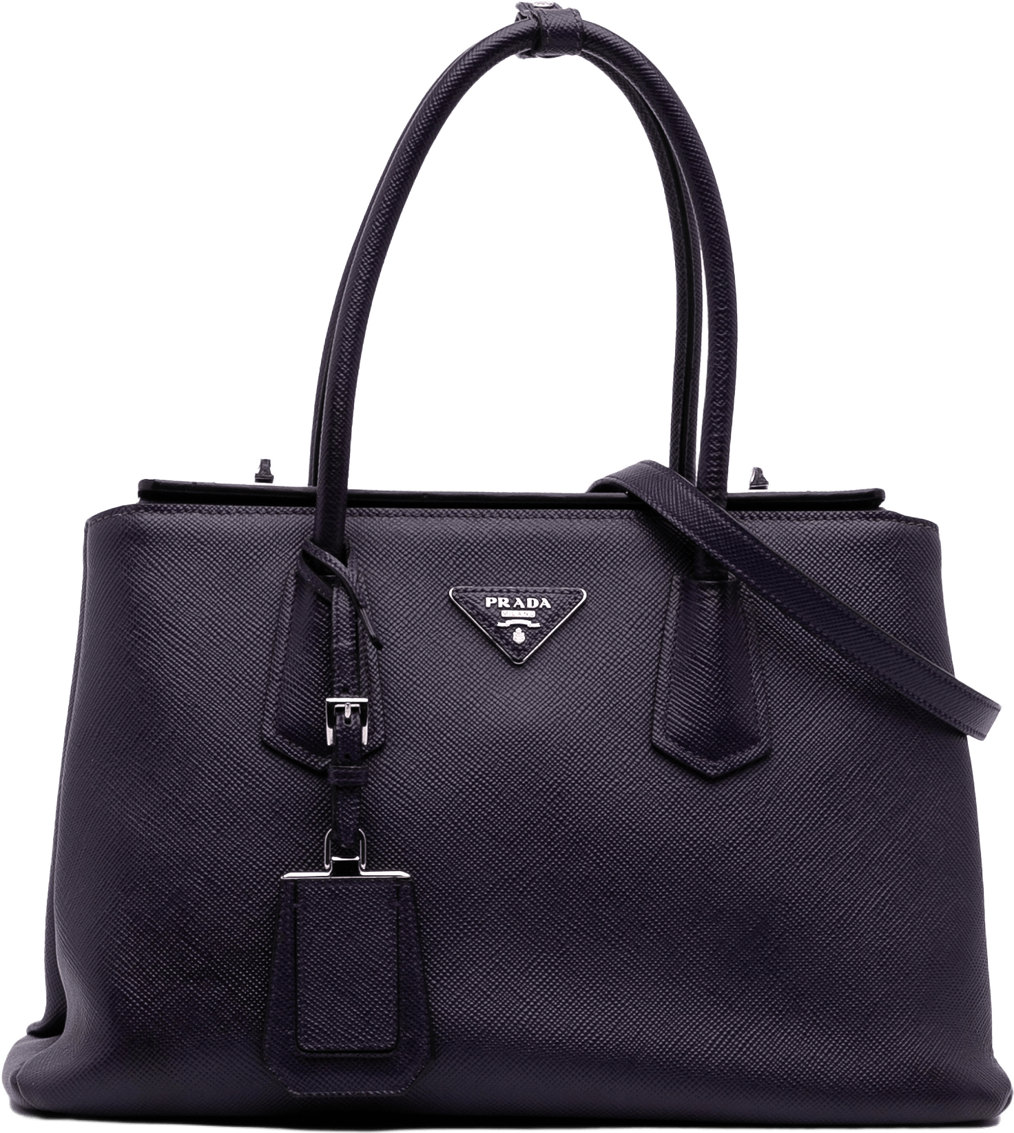 Prada Saffiano Cuir Turnlock Twin Satchel, från Luxclusif, i färgen plum.