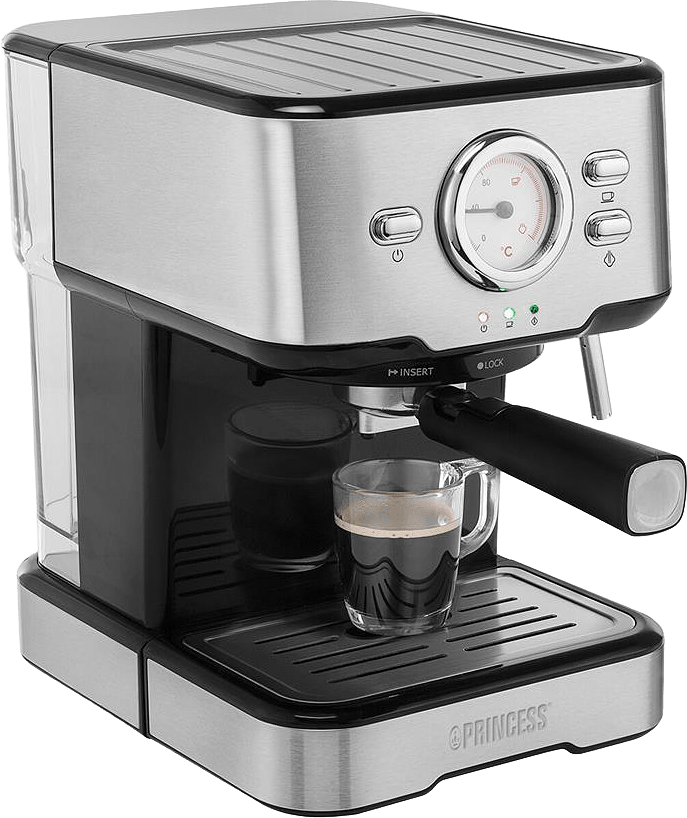Espressomaskin Med Mjölkskumning 20bar, från Princess, i färgen silver/svart.
