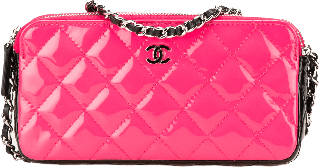 Chanel Bicolor Patent Double Zip Wallet On Chain, från Luxclusif, i färgen hot pink.