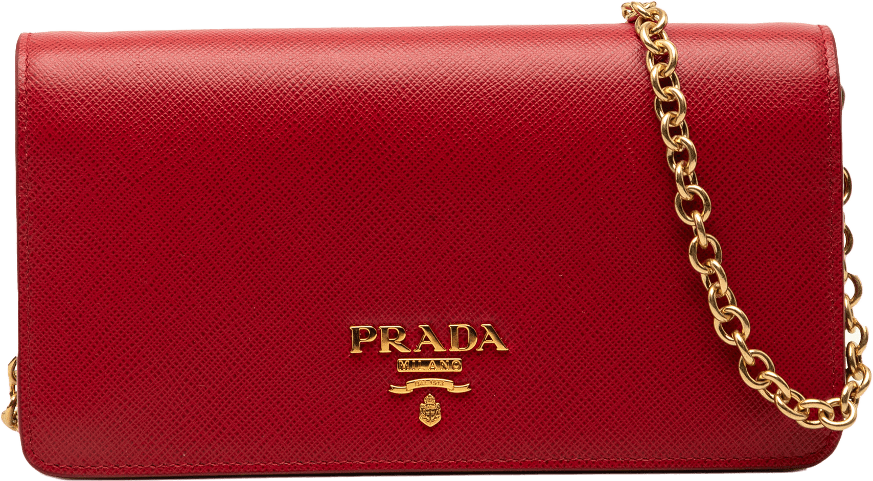 Prada Saffiano Wallet On Chain, från Luxclusif, i färgen red.