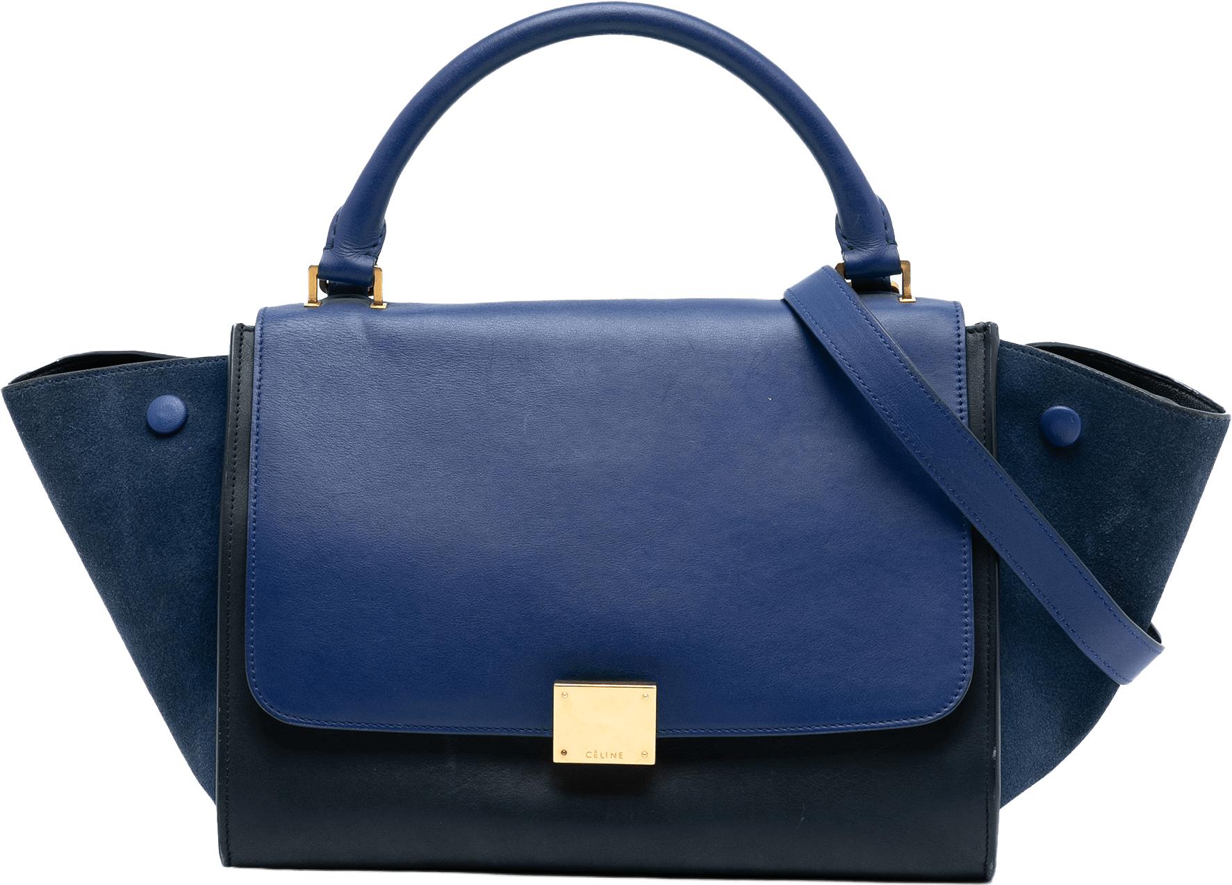 Celine Small Bicolor Calfskin And Suede Trapeze Satchel, från Luxclusif, i färgen black.