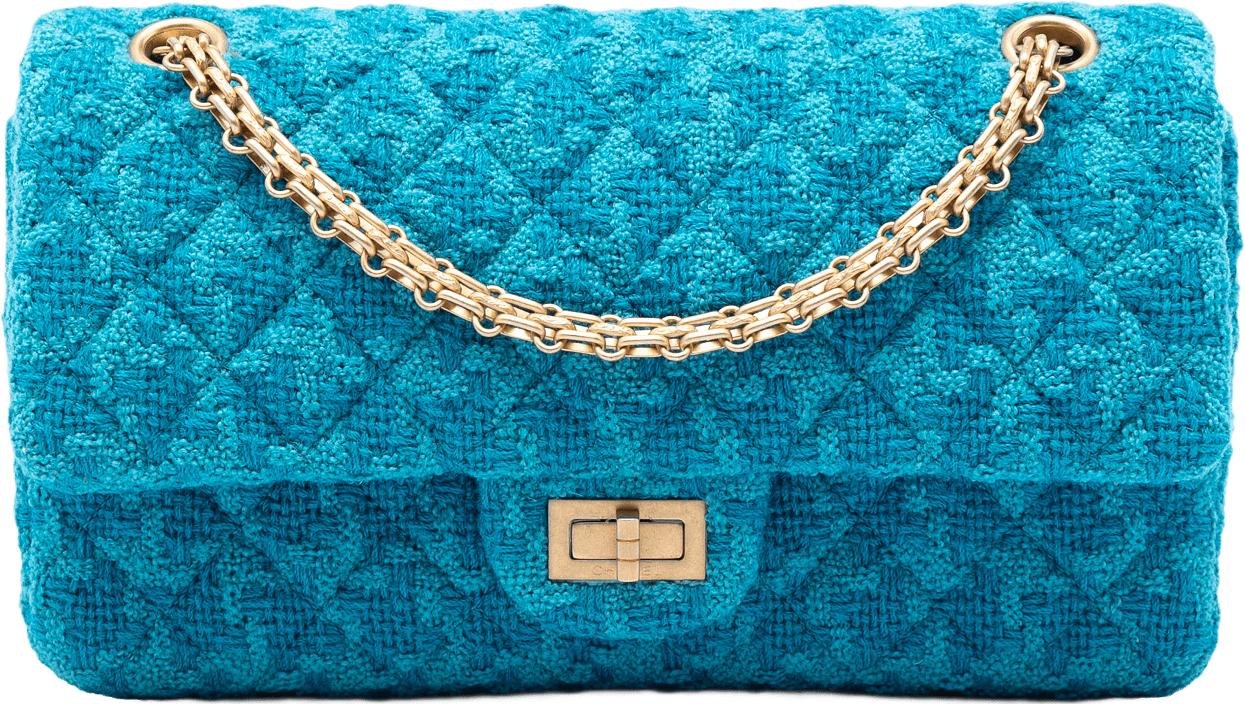 Chanel Quilted Tweed Reissue 2.55 Double Flap 225, från Luxclusif, i färgen blue.
