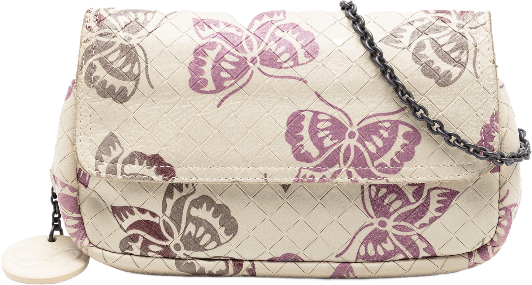 Bottega Veneta Small Nappa Intrecciomirage Butterfly Chain Crossbody, från Luxclusif, i färgen light beige.