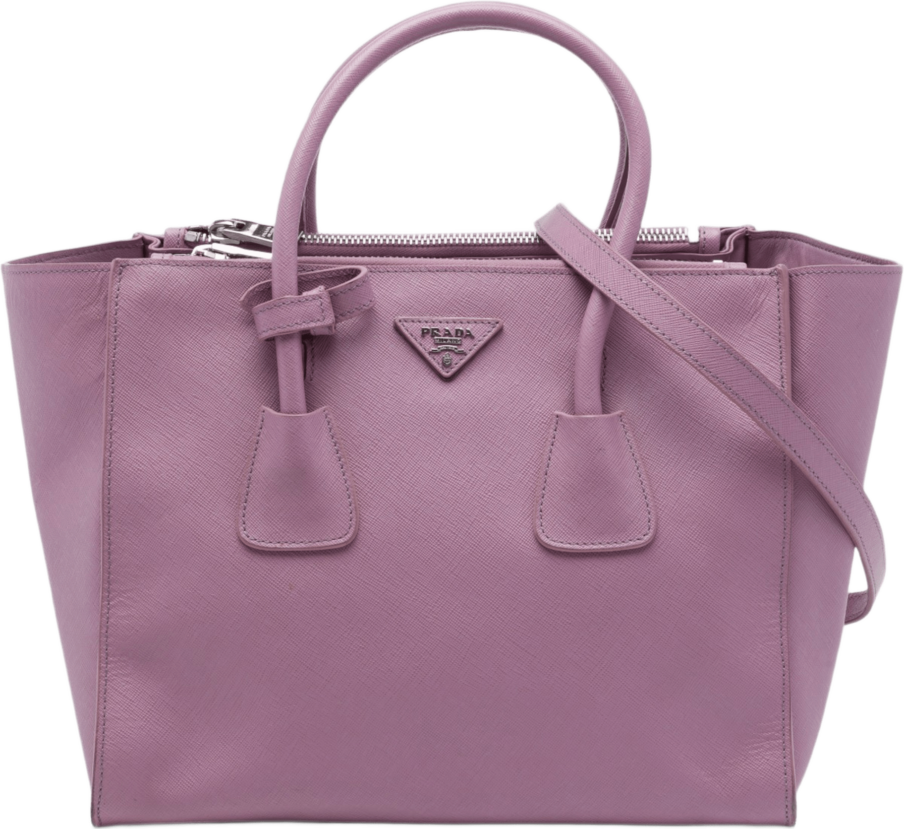 Prada Medium Saffiano Twin Pocket Satchel, från Luxclusif, i färgen purpur.