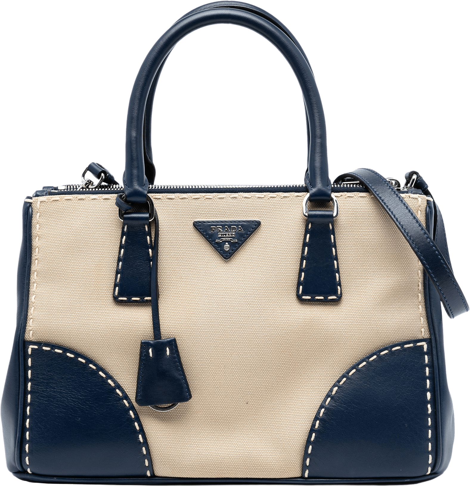 Prada Small Canvas And City Calf Hand Stitched Galleria Double Zip Satchel, från Luxclusif, i färgen beige.