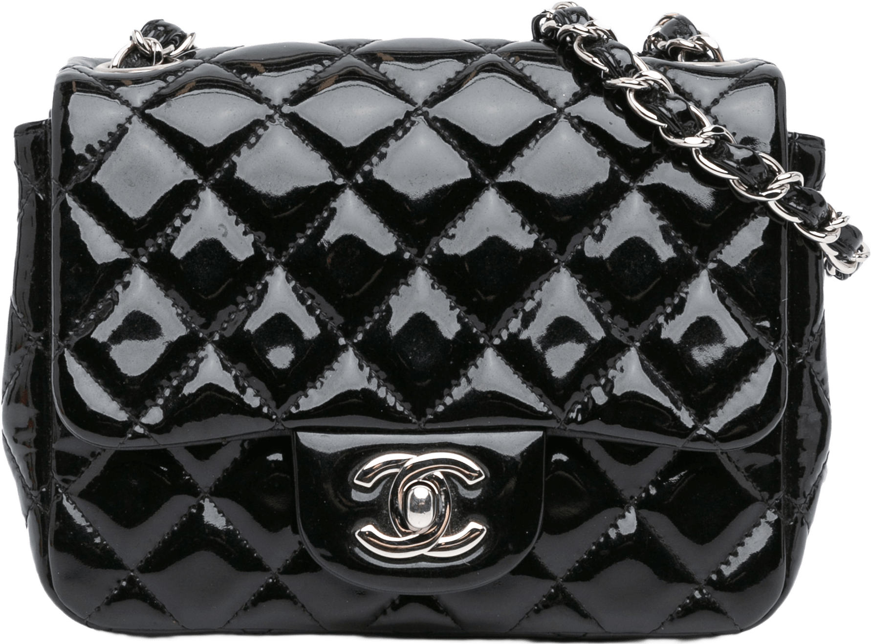 Chanel Mini Square Classic Patent Single Flap, från Luxclusif, i färgen black.