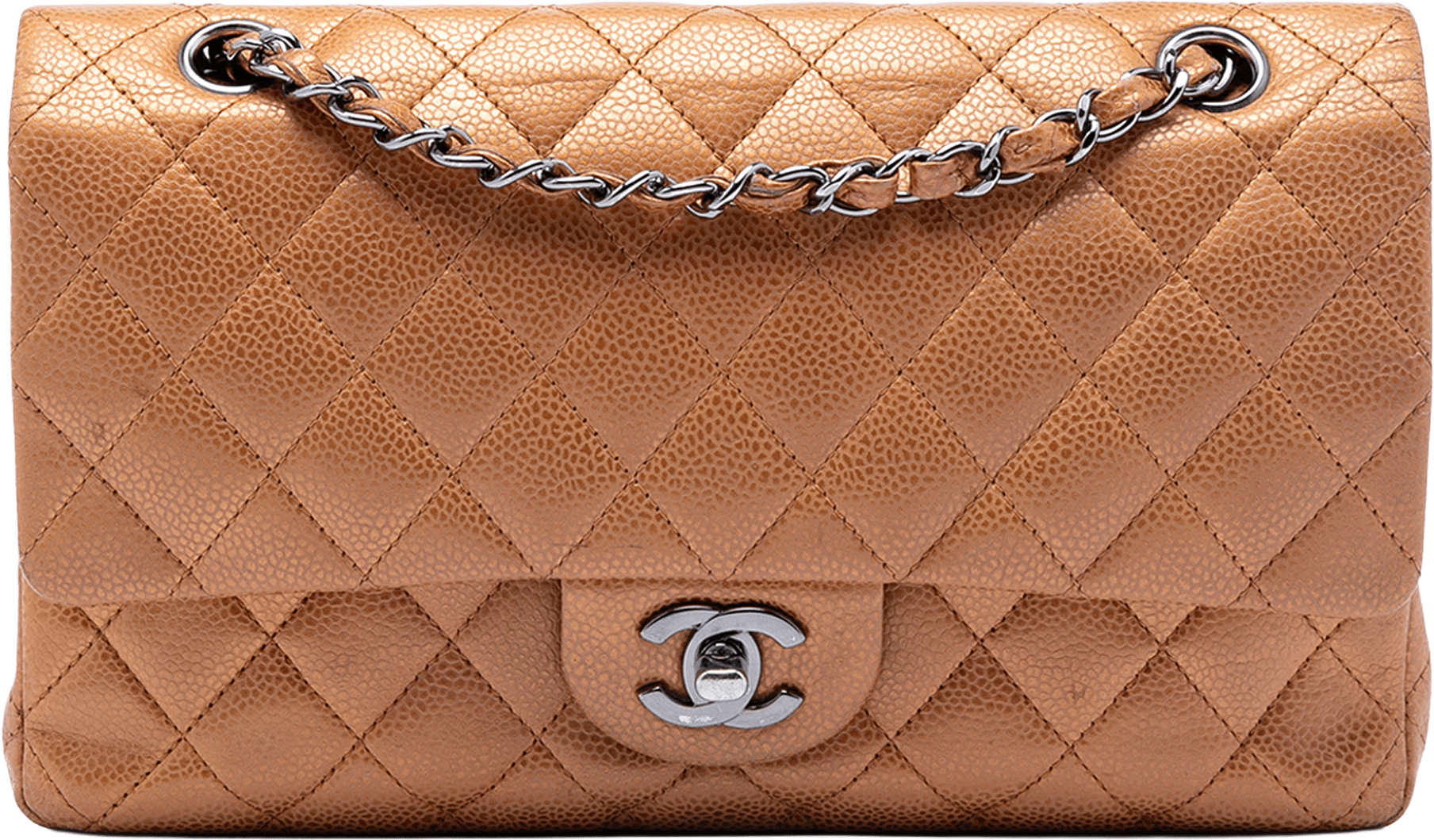 Chanel Medium Classic Metallic Caviar Double Flap, från Luxclusif, i färgen bronze.
