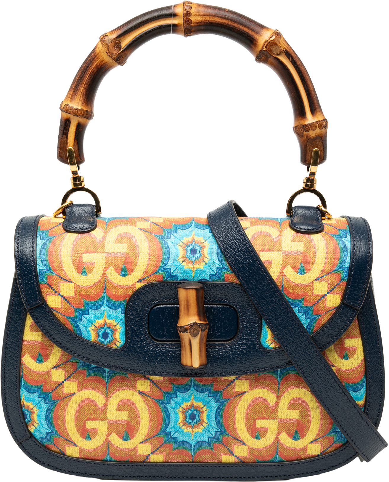 Gucci 100th Anniversary Medium Gg Coated Canvas Kaleidoscope 1947 Bamboo Top Handle Bag, från Luxclusif, i färgen blue.