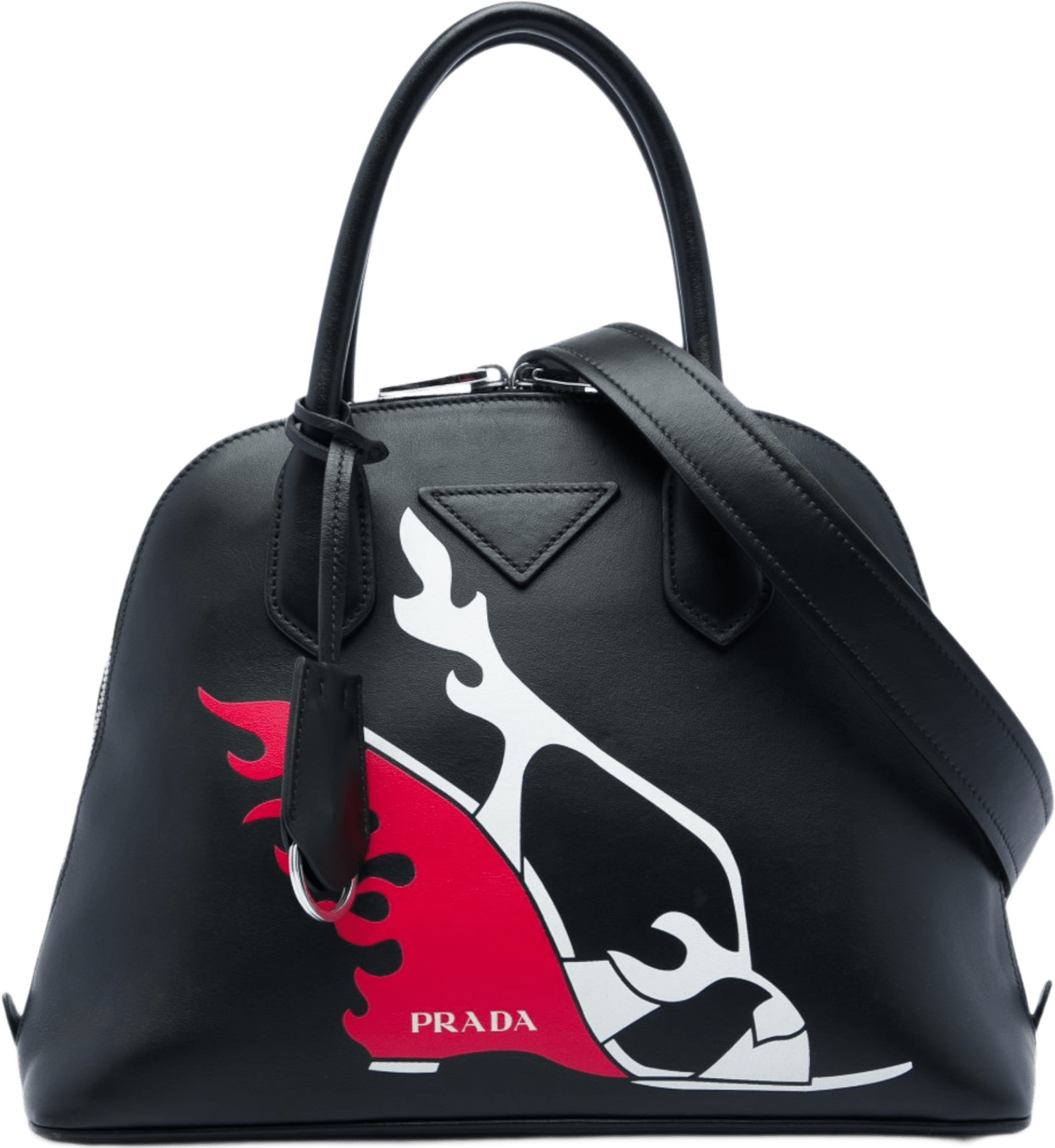 Prada City Calf Flame Heels Print Promenade Satchel, från Luxclusif, i färgen svart.