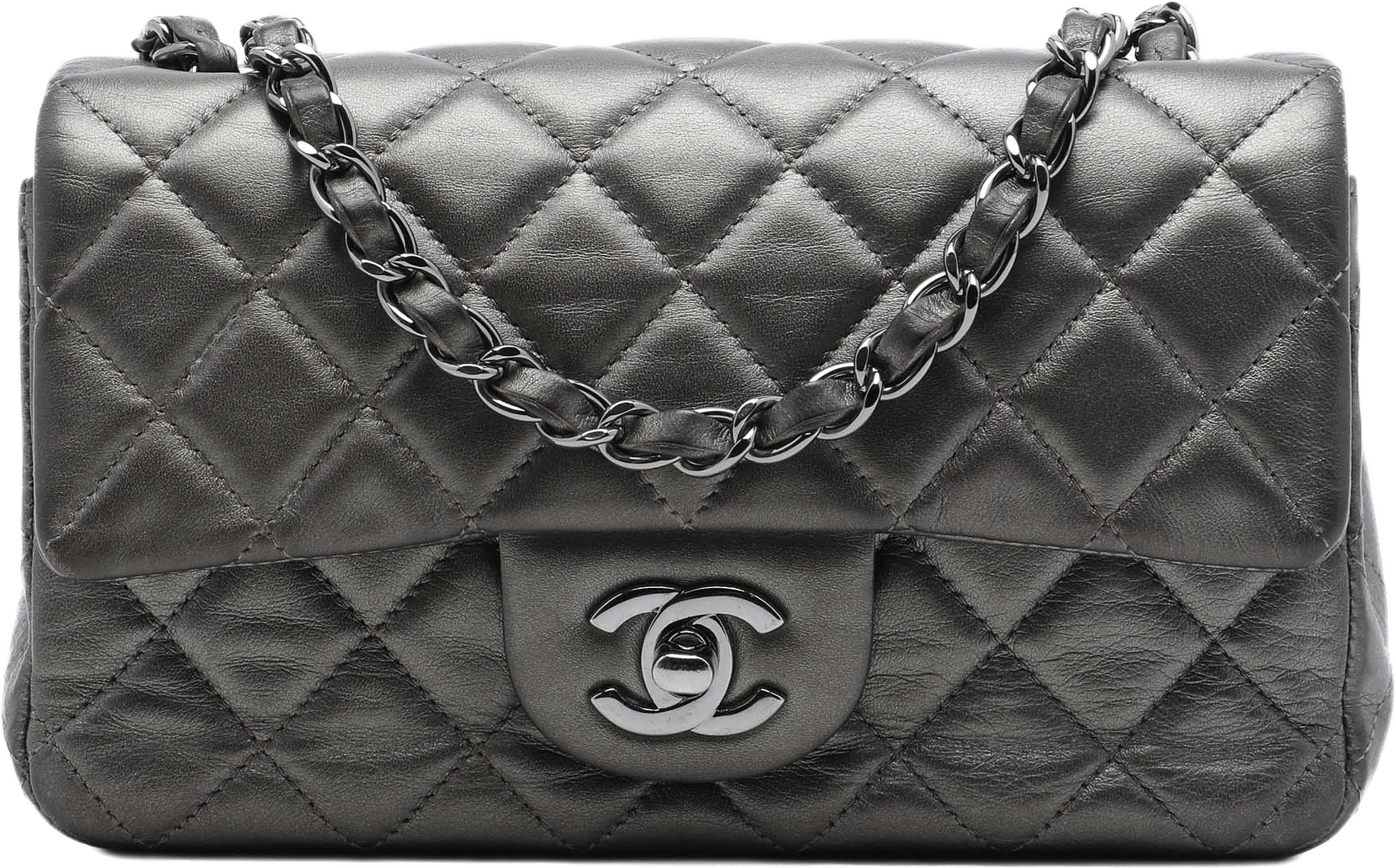 Chanel Mini Rectangular Classic Metallic Lambskin Single Flap, från Luxclusif, i färgen grå.