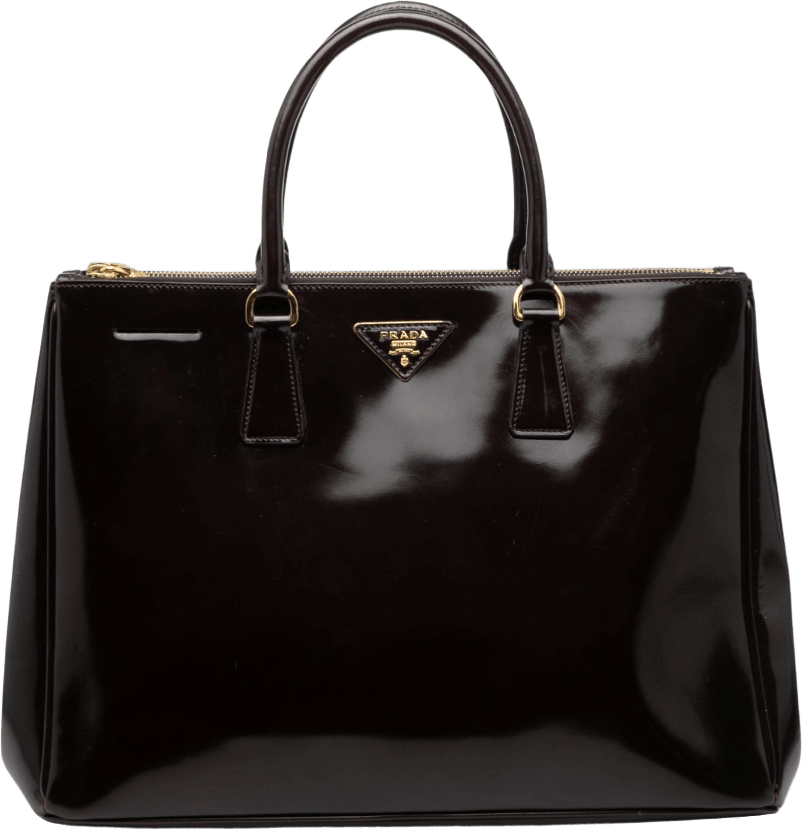 Prada Medium Spazzolato Galleria Double Zip Satchel, från Luxclusif, i färgen plum.