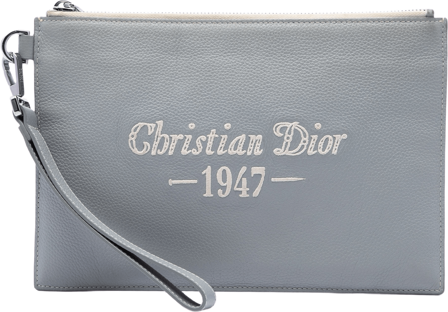 Dior Grained Calfskin 1947 Signature A5 Pouch, från Luxclusif, i färgen grå.