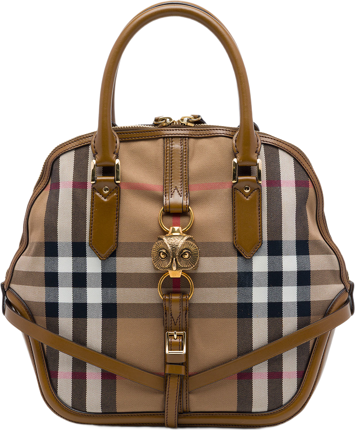 Burberry Medium House Check Canvas Bridle Owl Orchard Handbag, från Luxclusif, i färgen brun.
