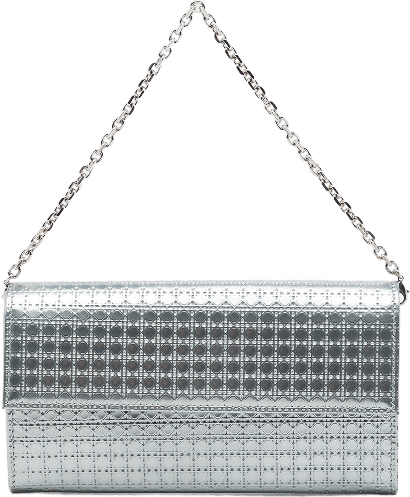 Dior Metallic Patent Microcannage Lady Dior Croisiere Wallet On Chain, från Luxclusif, i färgen silver.