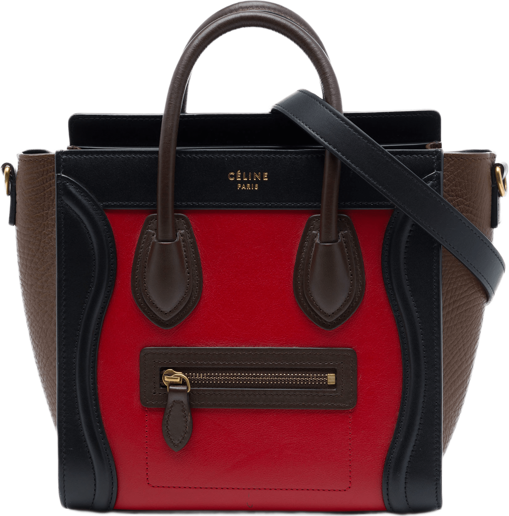Celine Nano Tricolor Leather Luggage Tote, från Luxclusif, i färgen röd.