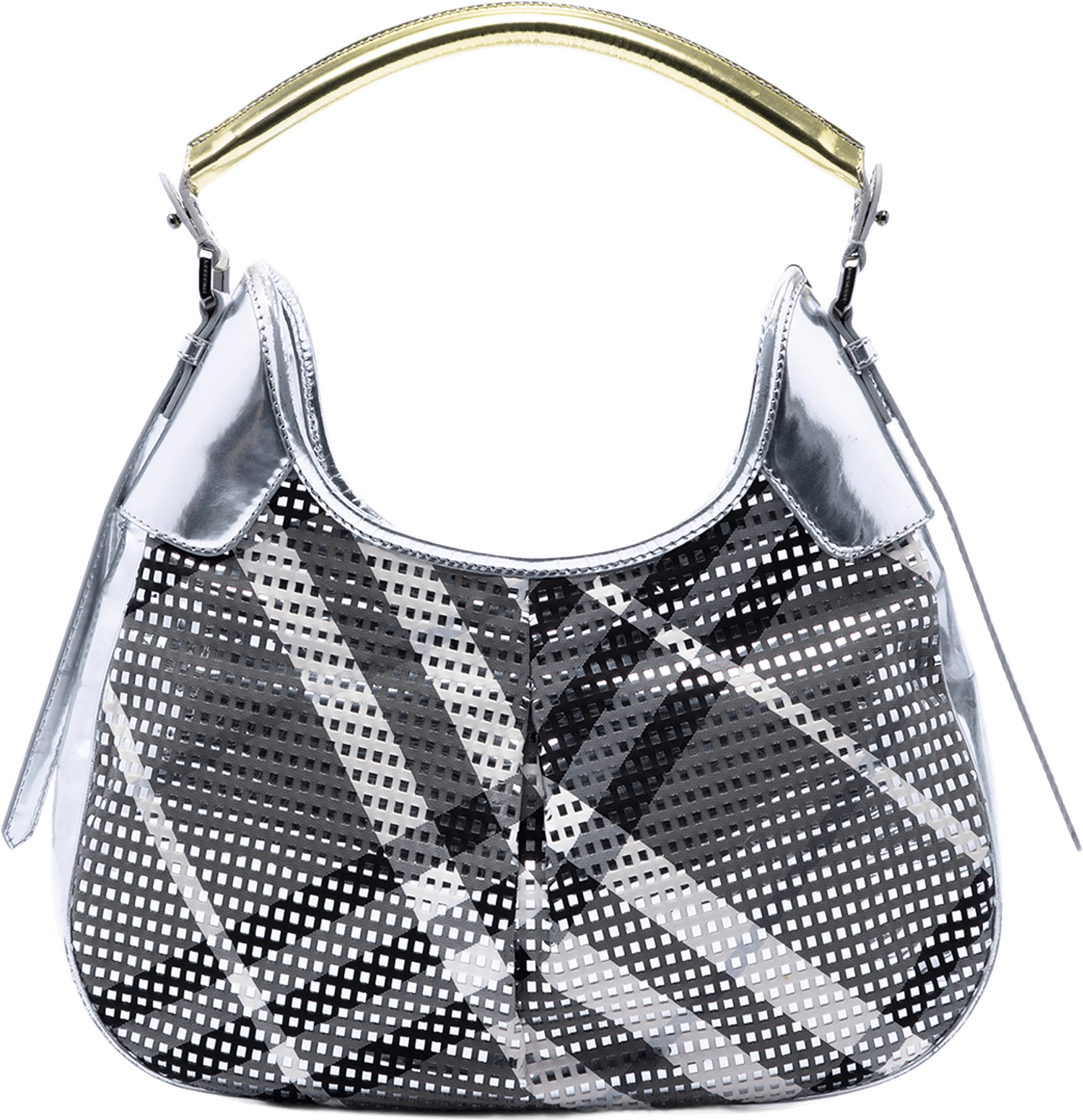 Burberry Metallic Patent And Beat Check Nylon Brooklyn Hobo, från Luxclusif, i färgen gray.