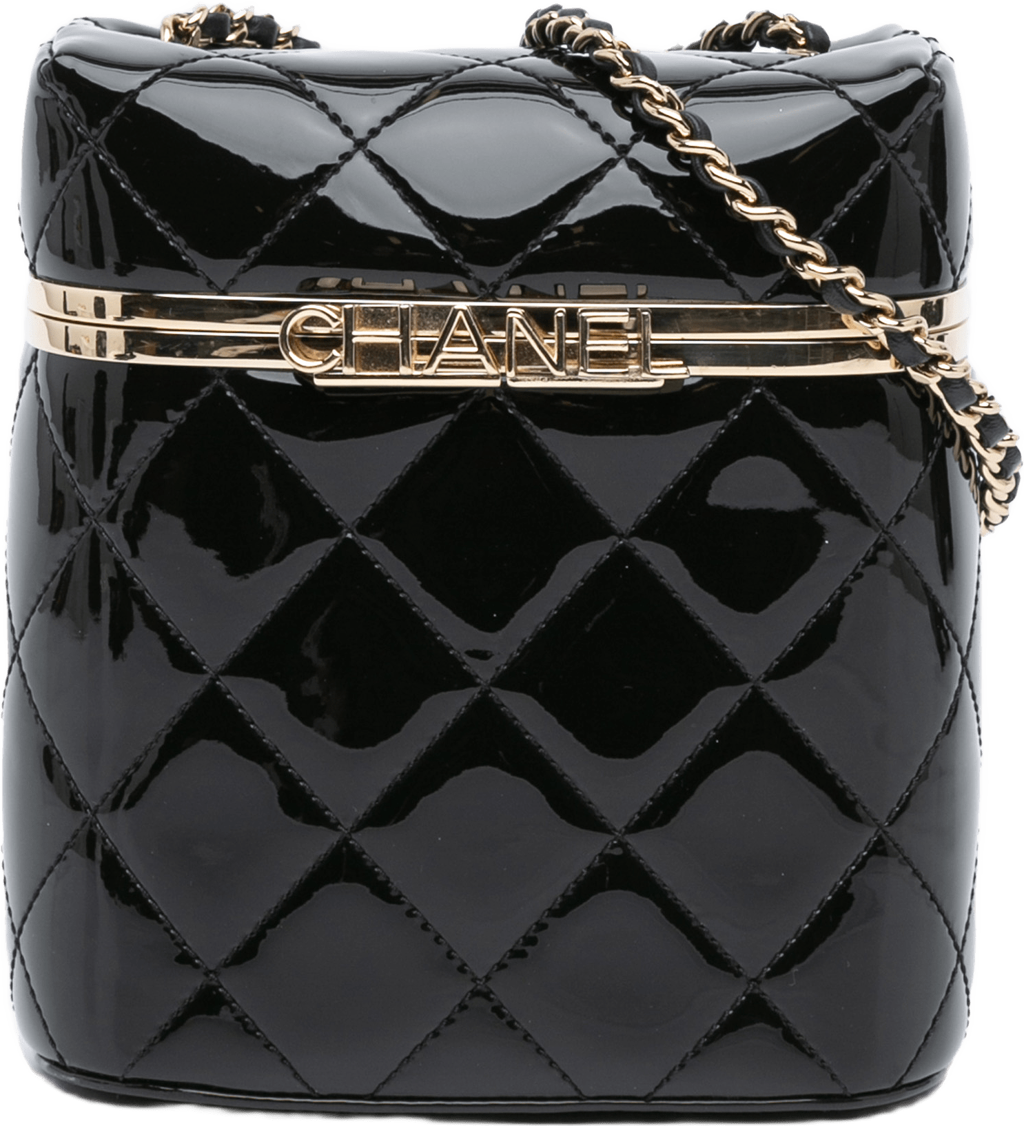 Chanel Quilted Patent Logo Chain Vanity Case, från Luxclusif, i färgen black.